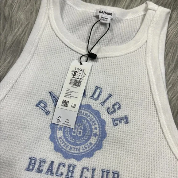 Garage White Blue High Neck Waffle Tank Top XS - Picture 3 of 5